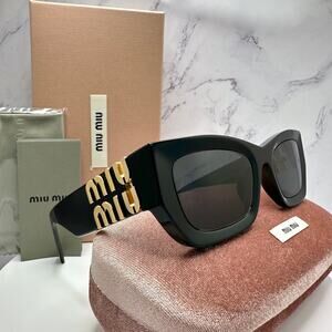 MIU MIU Sunglasses New Black Acetate Gold Metal Logo Square Cat Eye Authentic